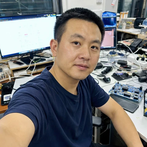 AI 生成的匿名 3C 配件卖家桌前自拍